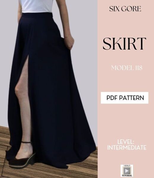 6-gore skirt with slit, Pdf pattern.