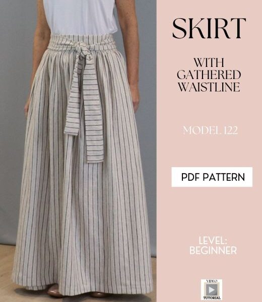 Beginner sewing pattern skirt with gathered waist and tie