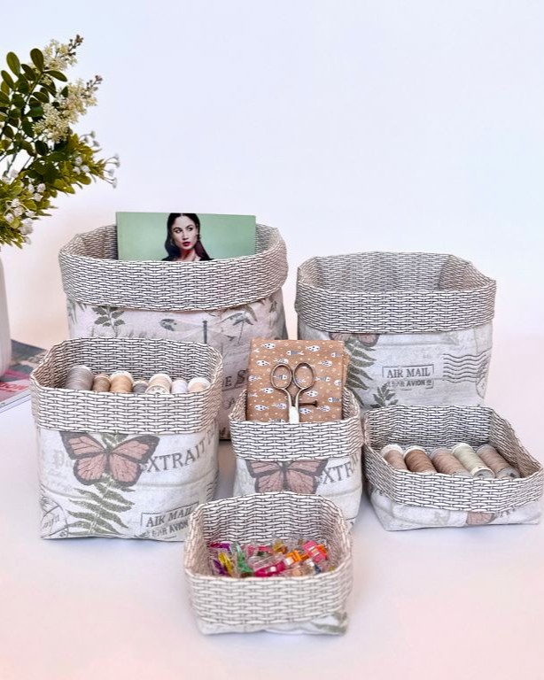 Handmade fabric storage baskets in multiple sizes for home organization, sewing supplies, and crafts. pdf sewinn battern for beginners